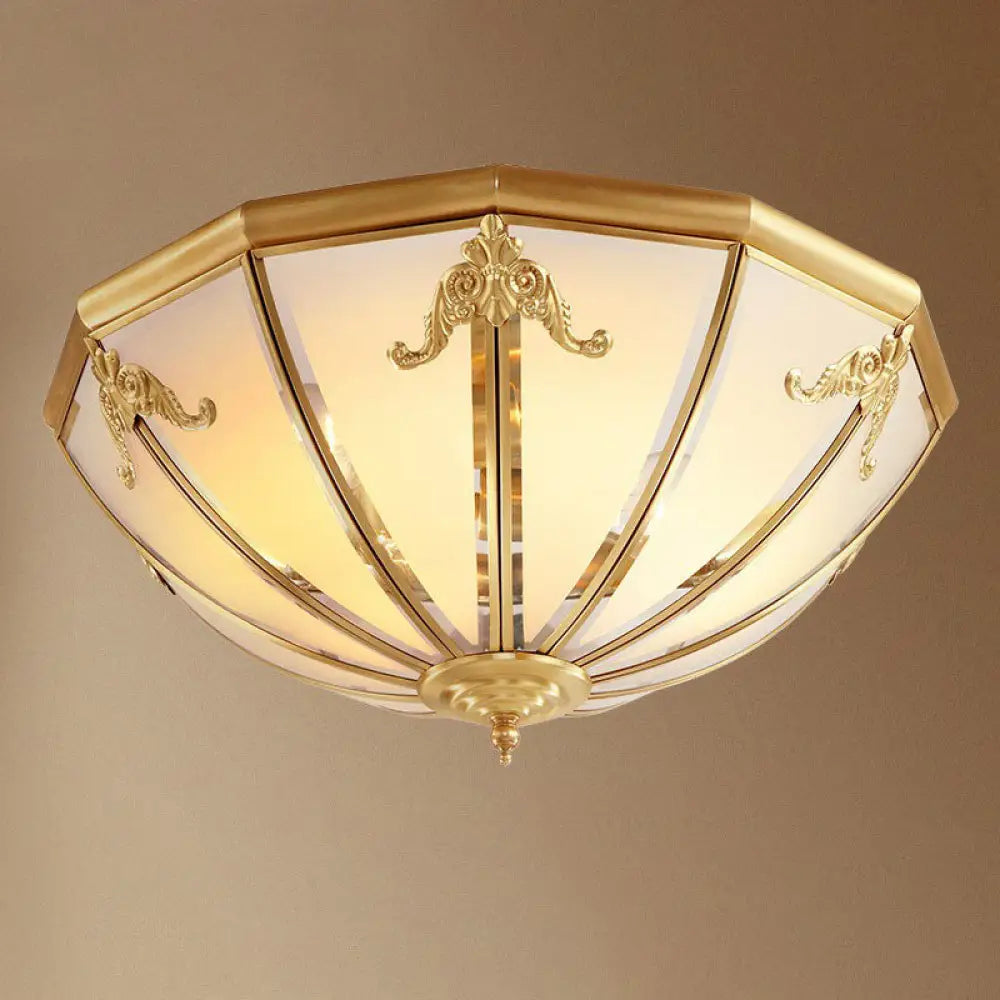 Colonial Style 3 - Light Hemispherical Brass Ceiling Light With Frosted White Glass - Flush Mount