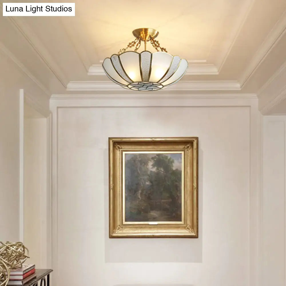 Colonial Style 4-Light Brass Chandelier With Textured White Glass - Dining Room Pendant Light