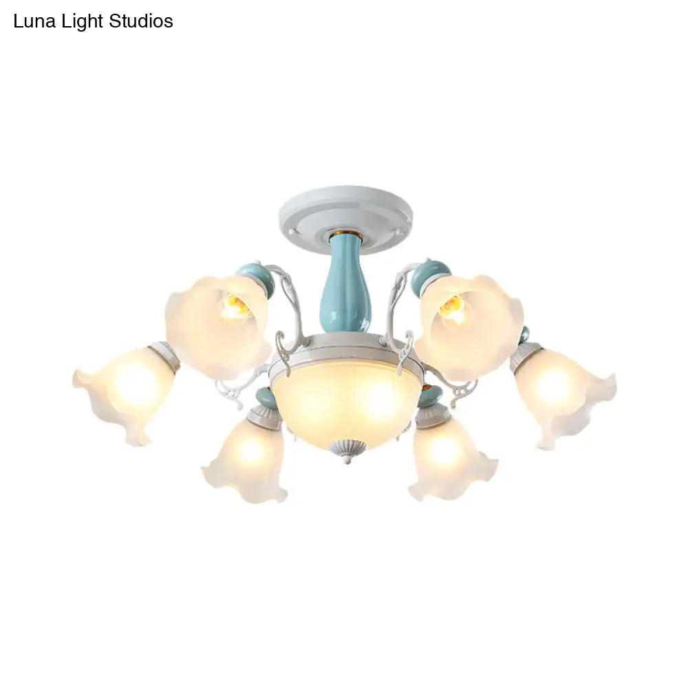 Colonial Style 8-Bulb Flower White Glass Semi Flush Ceiling Lamp With Ceramic Detail - Elegant