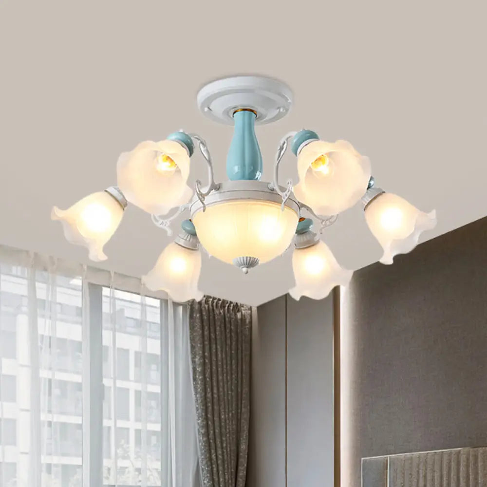 Colonial Style 8-Bulb Flower White Glass Semi Flush Ceiling Lamp With Ceramic Detail - Elegant