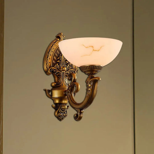 Colonial Style Antique Brass Wall Lamp With Frosted Glass Bowl Shade 1 /