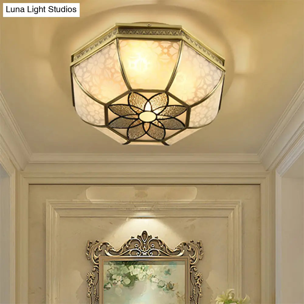 Colonial-Style Beveled Ceiling Mounted Light - 4-Bulb Opaque Glass Flush Mount Fixture In Brass For