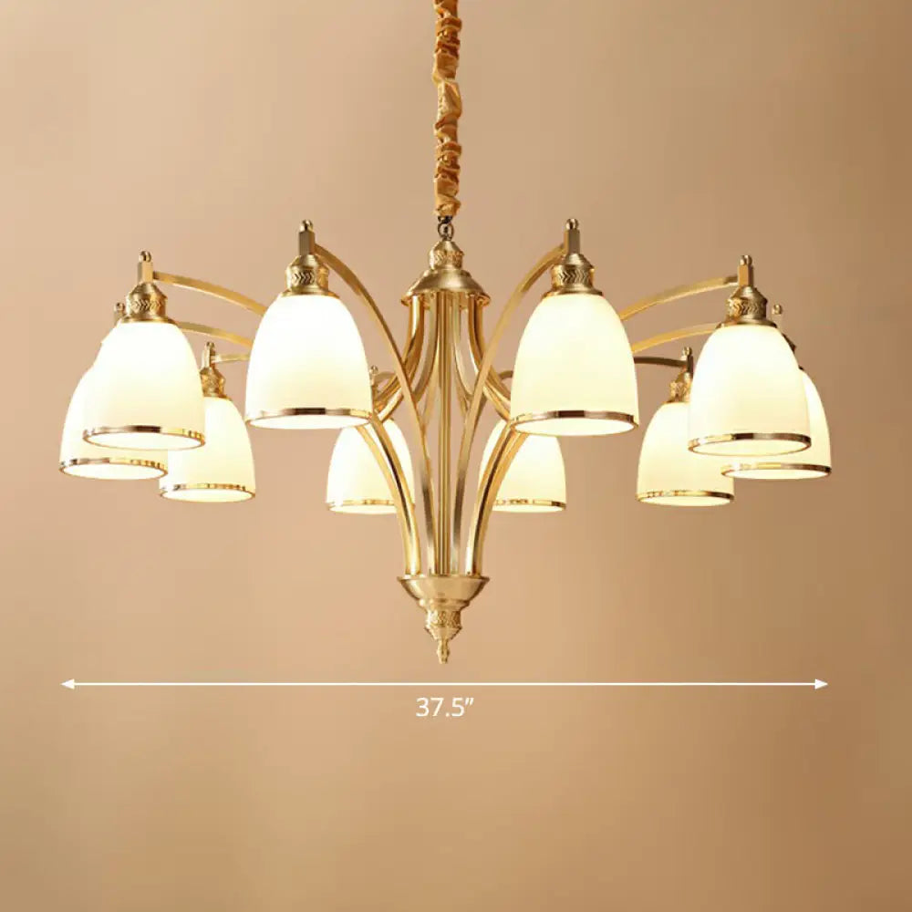 Colonial Style Brass Bell Chandelier Lamp With Cream Glass - Living Room Hanging Light Kit 10 /