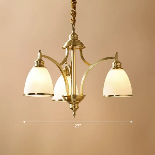 Colonial Style Brass Bell Chandelier Lamp With Cream Glass - Living Room Hanging Light Kit 3 /