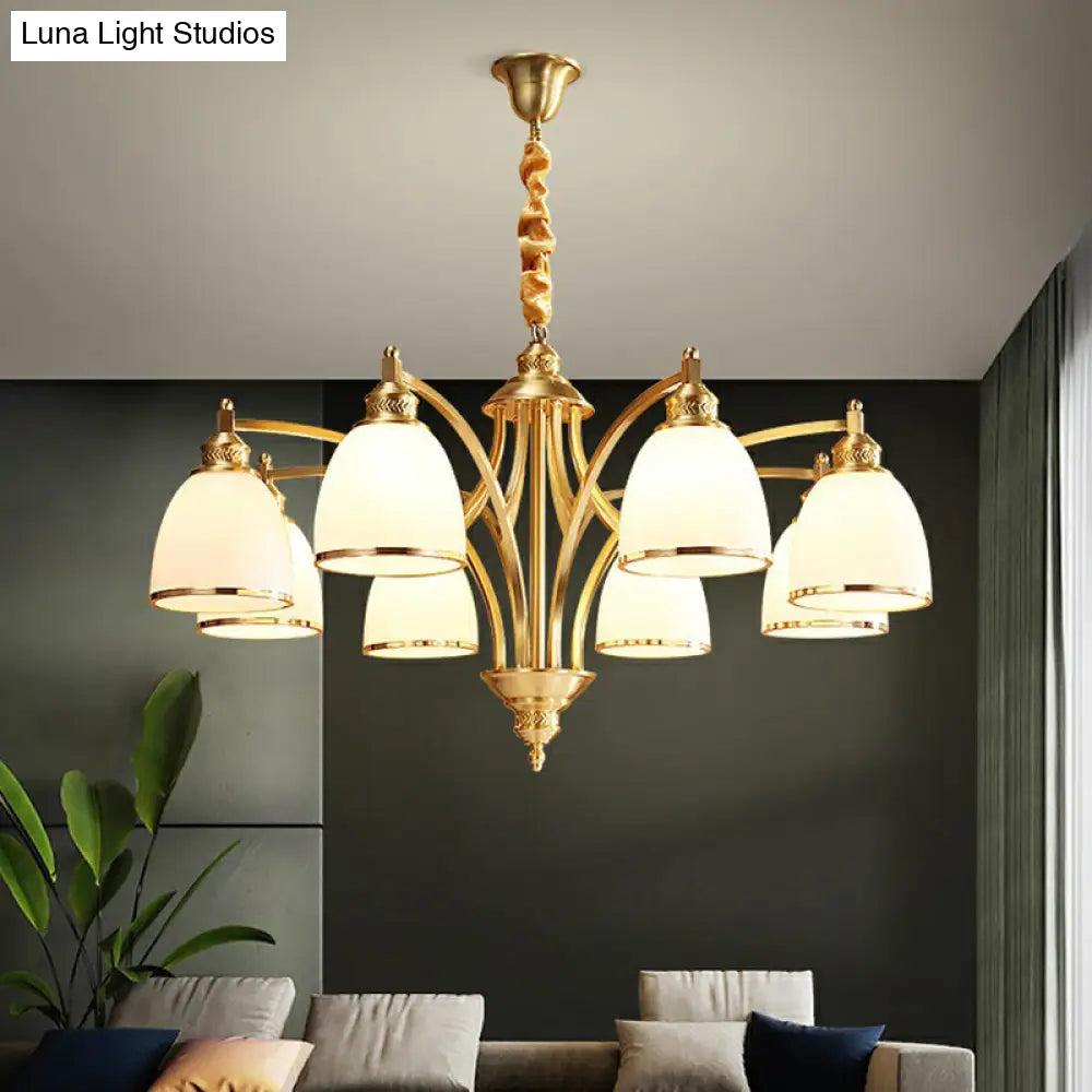 Colonial Style Brass Bell Chandelier Lamp With Cream Glass - Living Room Hanging Light Kit