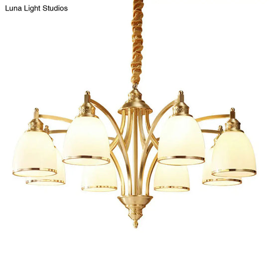 Colonial Style Brass Bell Chandelier Lamp With Cream Glass - Living Room Hanging Light Kit