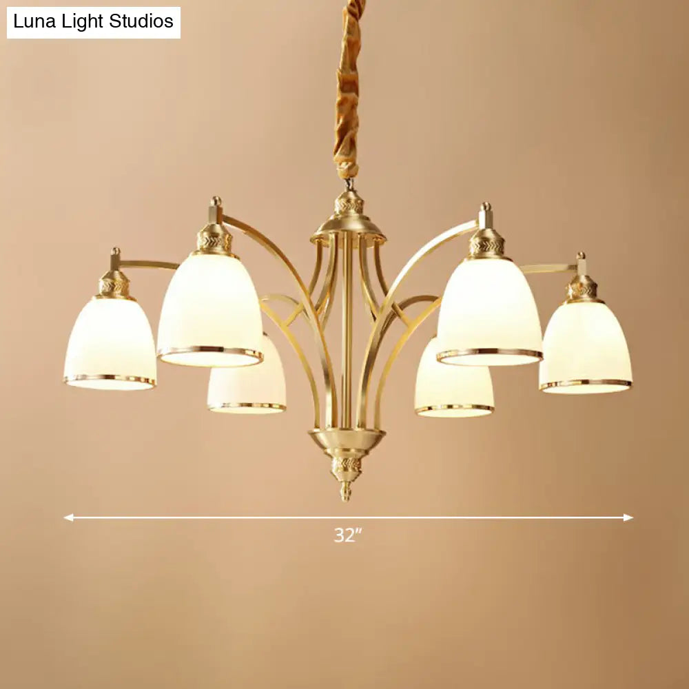 Colonial Style Brass Bell Chandelier Lamp With Cream Glass - Living Room Hanging Light Kit