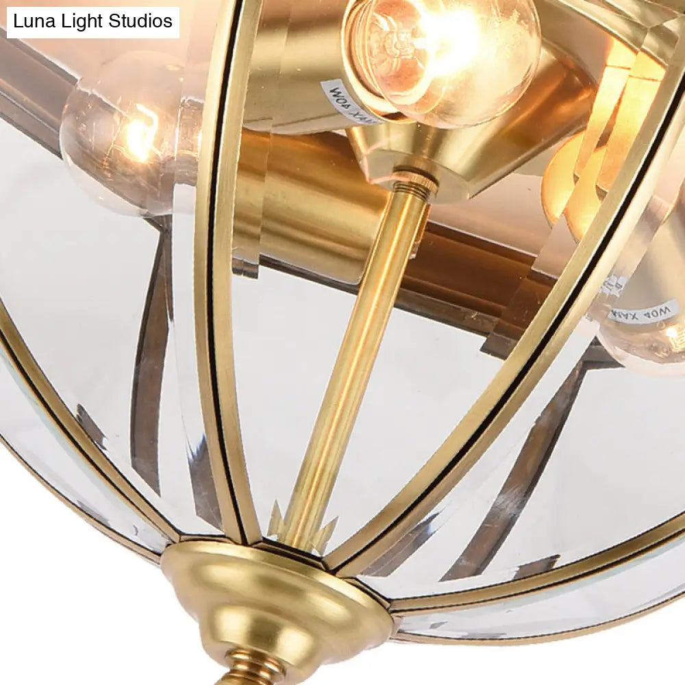 Colonial Style Brass Domed Flush Ceiling Light - 3 Lights Clear Glass Mount For Bedrooms