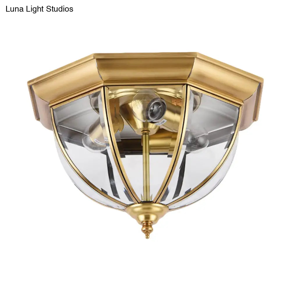 Colonial Style Brass Domed Flush Ceiling Light - 3 Lights Clear Glass Mount For Bedrooms