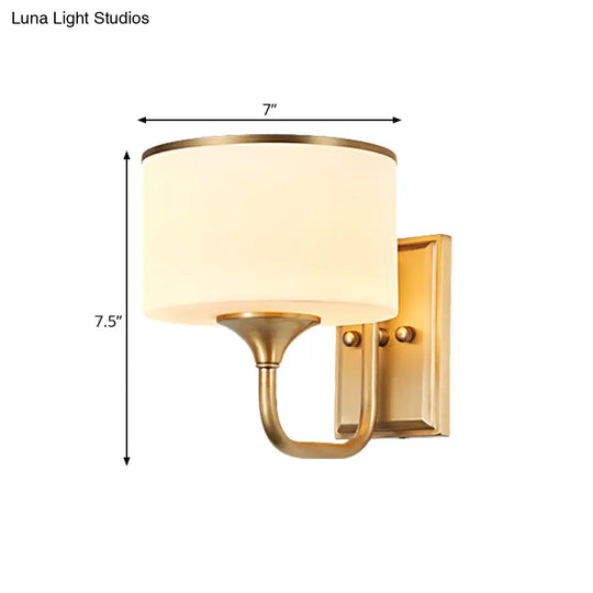 Colonial Style Brass Drum Sconce With Opal Glass Shade - Wall Mount Lamp For Indoor Use