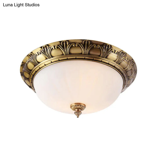 Colonial Style Brass Finish Flush Mount Ceiling Light 2/3/4 Heads White Frosted Glass 12/16/19.5