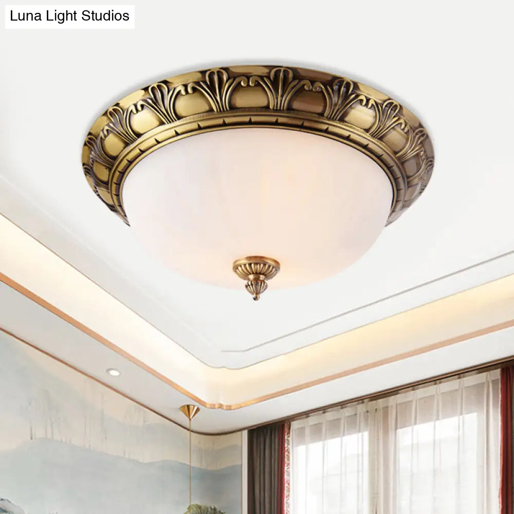 Colonial Style Brass Finish Flush Mount Ceiling Light 2/3/4 Heads White Frosted Glass