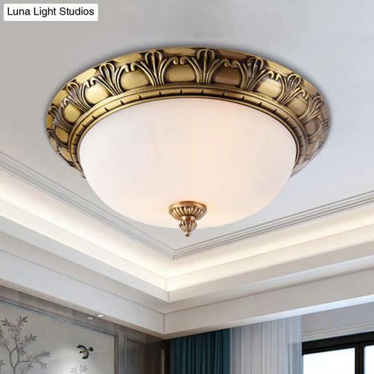 Colonial Style Brass Finish Flush Mount Ceiling Light 2/3/4 Heads White Frosted Glass 12/16/19.5