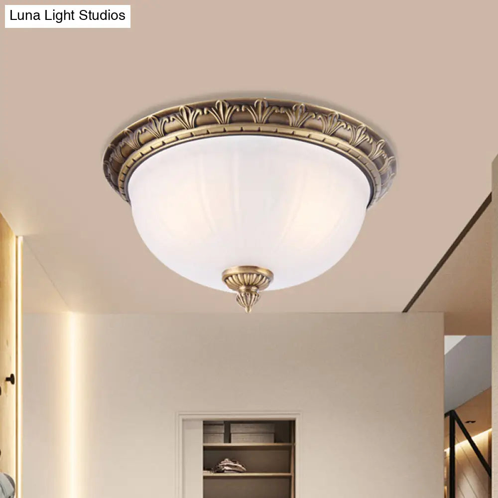 Colonial Style Brass Finish Flush Mount Ceiling Light 2/3/4 Heads White Frosted Glass 12/16/19.5
