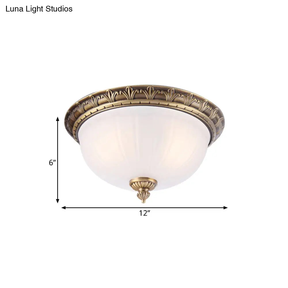 Colonial Style Brass Finish Flush Mount Ceiling Light 2/3/4 Heads White Frosted Glass 12/16/19.5