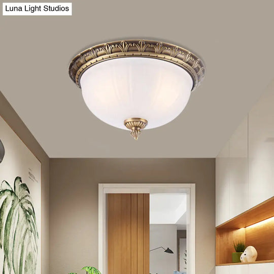 Colonial Style Brass Finish Flush Mount Ceiling Light 2/3/4 Heads White Frosted Glass 12/16/19.5