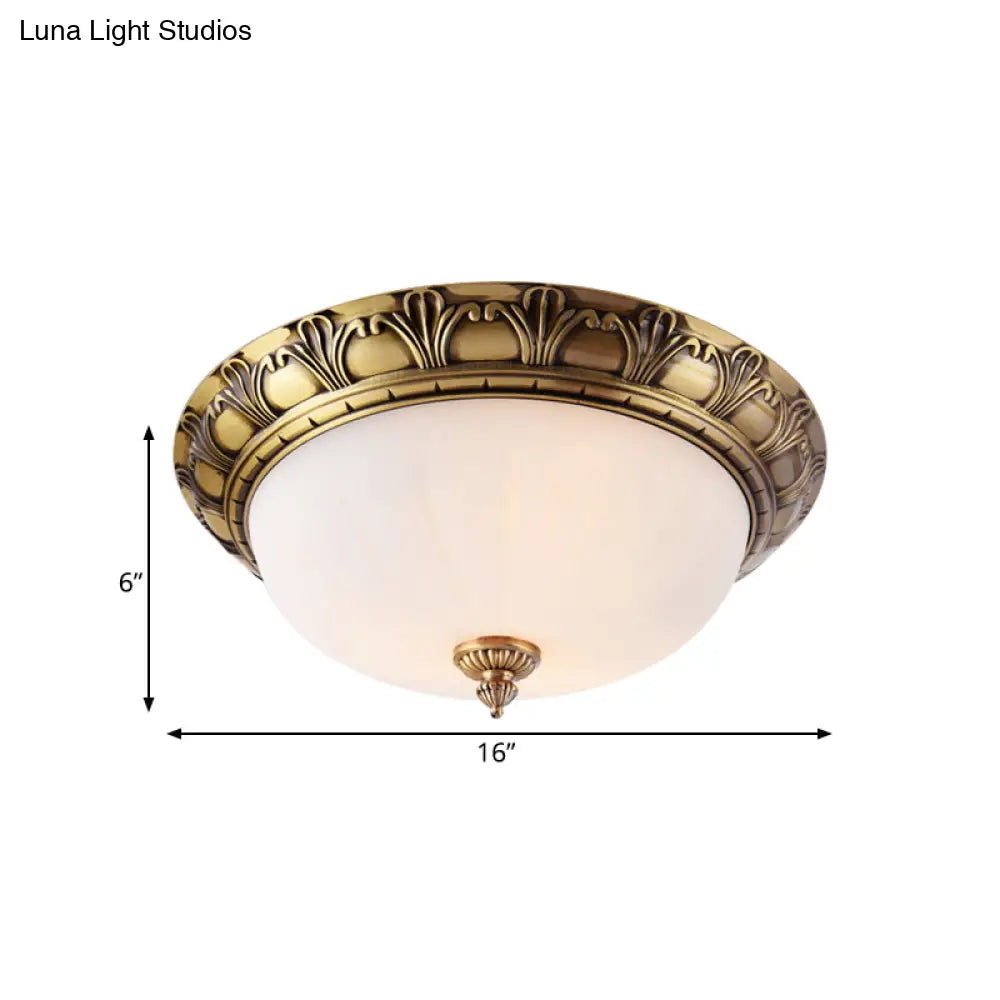 Colonial Style Brass Finish Flush Mount Ceiling Light 2/3/4 Heads White Frosted Glass