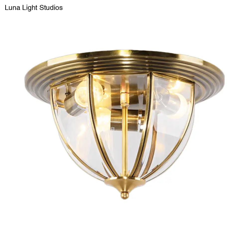 Colonial Style Brass Flushmount Lighting With Clear Glass Dome For Kitchen