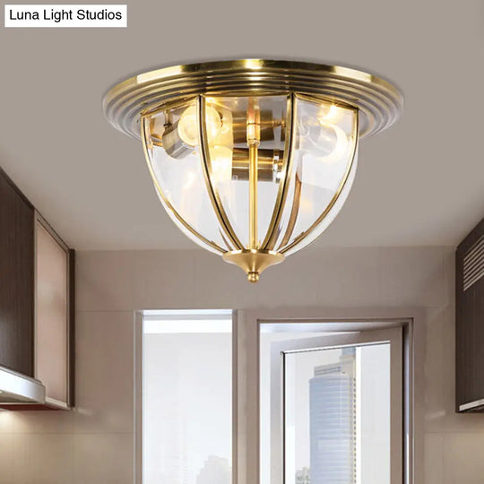 Colonial Style Brass Flushmount Lighting With Clear Glass Dome For Kitchen