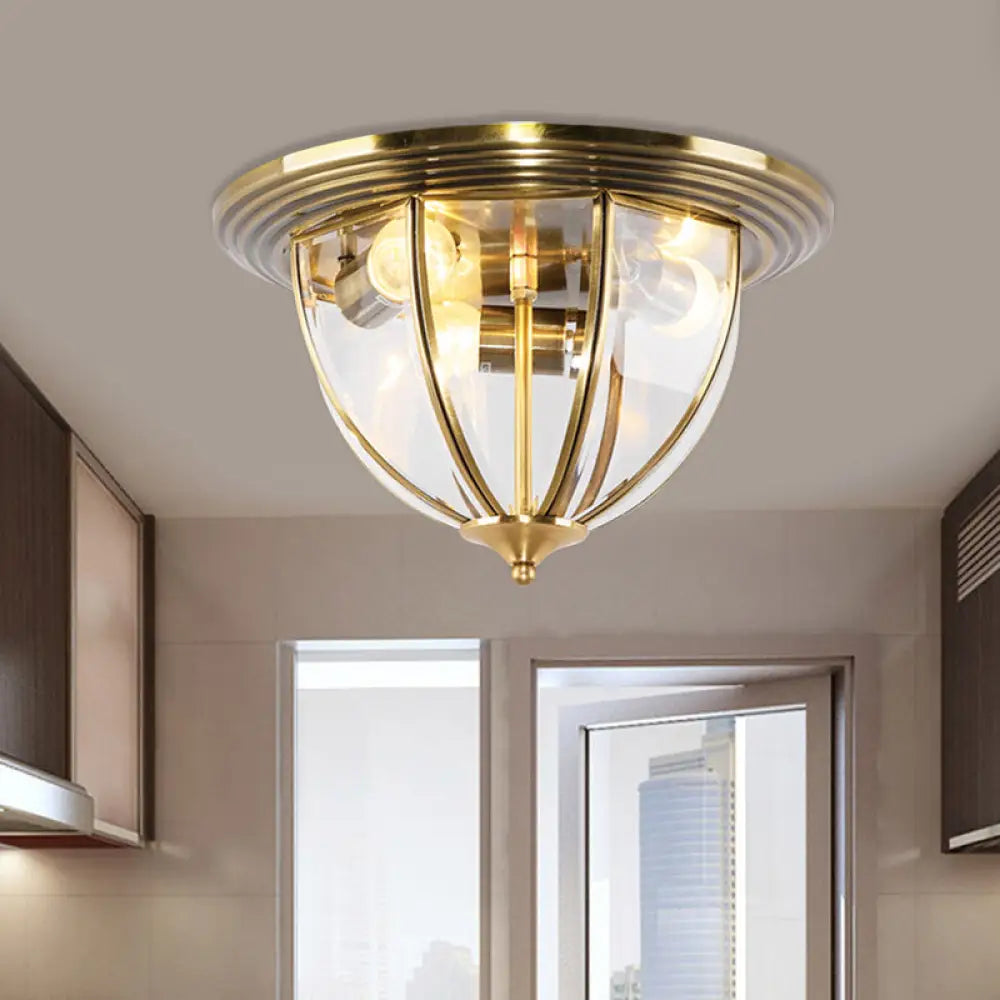 Colonial Style Brass Flushmount Lighting With Clear Glass Dome For Kitchen