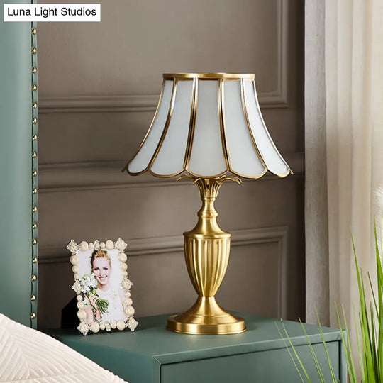 Colonial Style Brass Scalloped Nightstand Lamp With Opaque Glass - Ideal For Single Bedroom