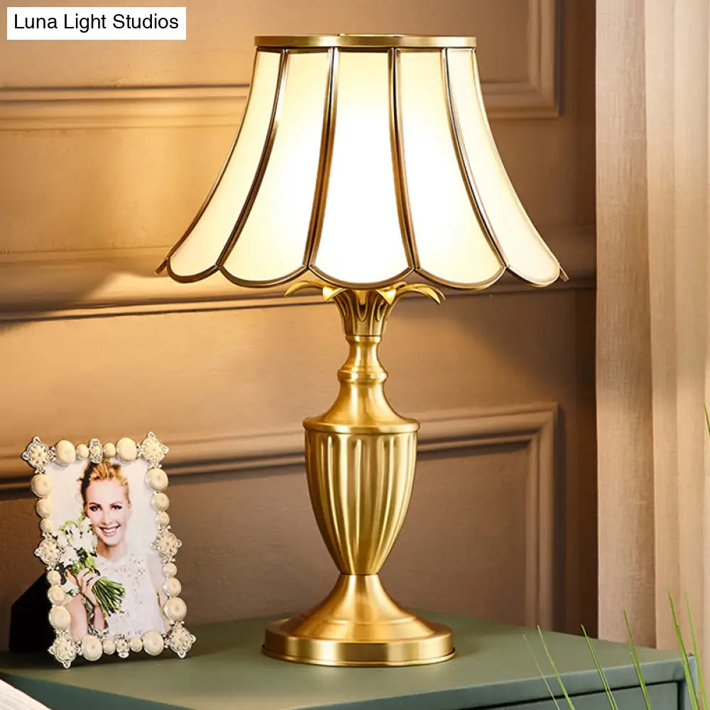 Colonial Style Brass Scalloped Nightstand Lamp With Opaque Glass - Ideal For Single Bedroom