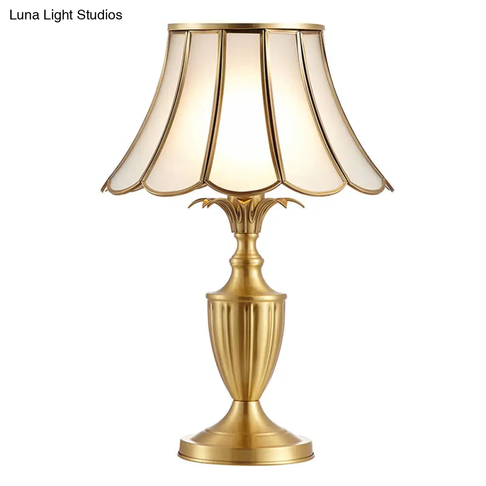 Colonial Style Brass Scalloped Nightstand Lamp With Opaque Glass - Ideal For Single Bedroom