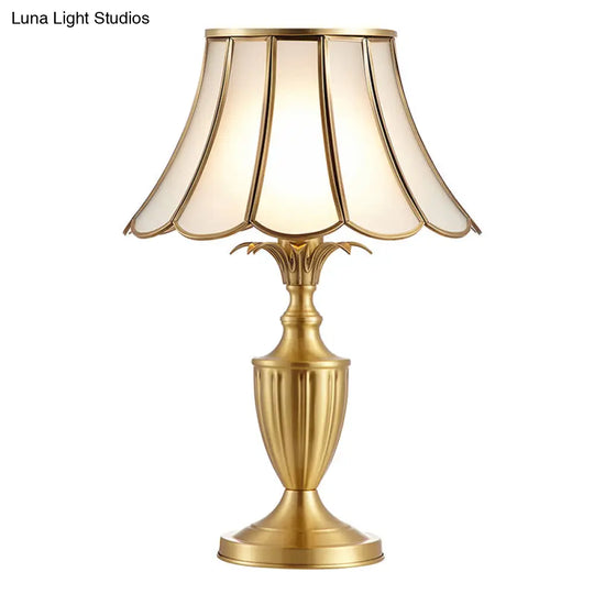 Colonial Style Brass Scalloped Nightstand Lamp With Opaque Glass - Ideal For Single Bedroom