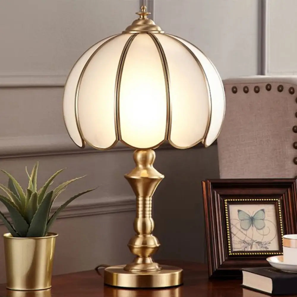 Colonial Style Brass Scalloped Nightstand Lamp With Opaque Glass - Ideal For Single Bedroom