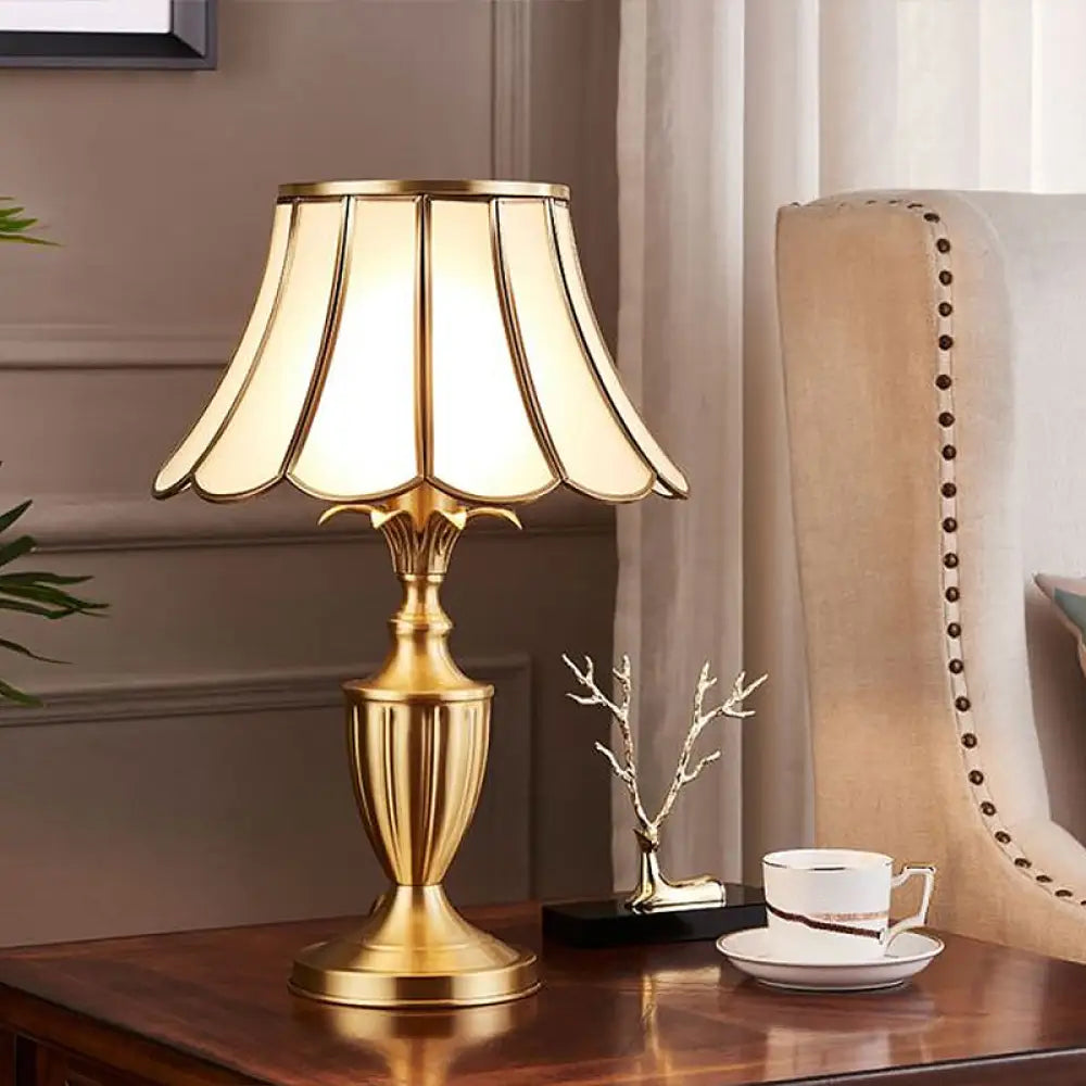 Colonial Style Brass Scalloped Nightstand Lamp With Opaque Glass - Ideal For Single Bedroom