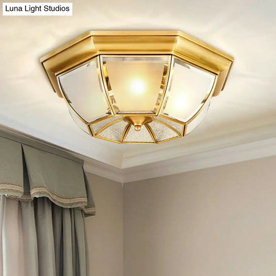 Colonial Style Ceiling Mounted Lamp With Brass Finish And Frost Glass Recessed Shade