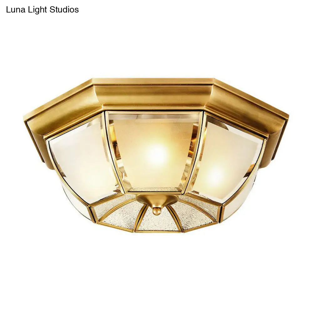 Colonial Style Ceiling Mounted Lamp With Brass Finish And Frost Glass Recessed Shade