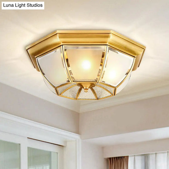 Colonial Style Ceiling Mounted Lamp With Brass Finish And Frost Glass Recessed Shade