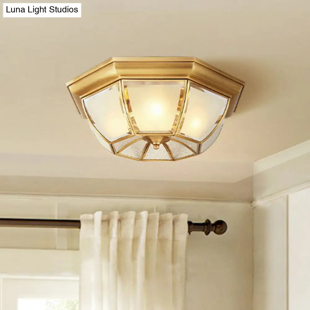 Colonial Style Ceiling Mounted Lamp With Brass Finish And Frost Glass Recessed Shade