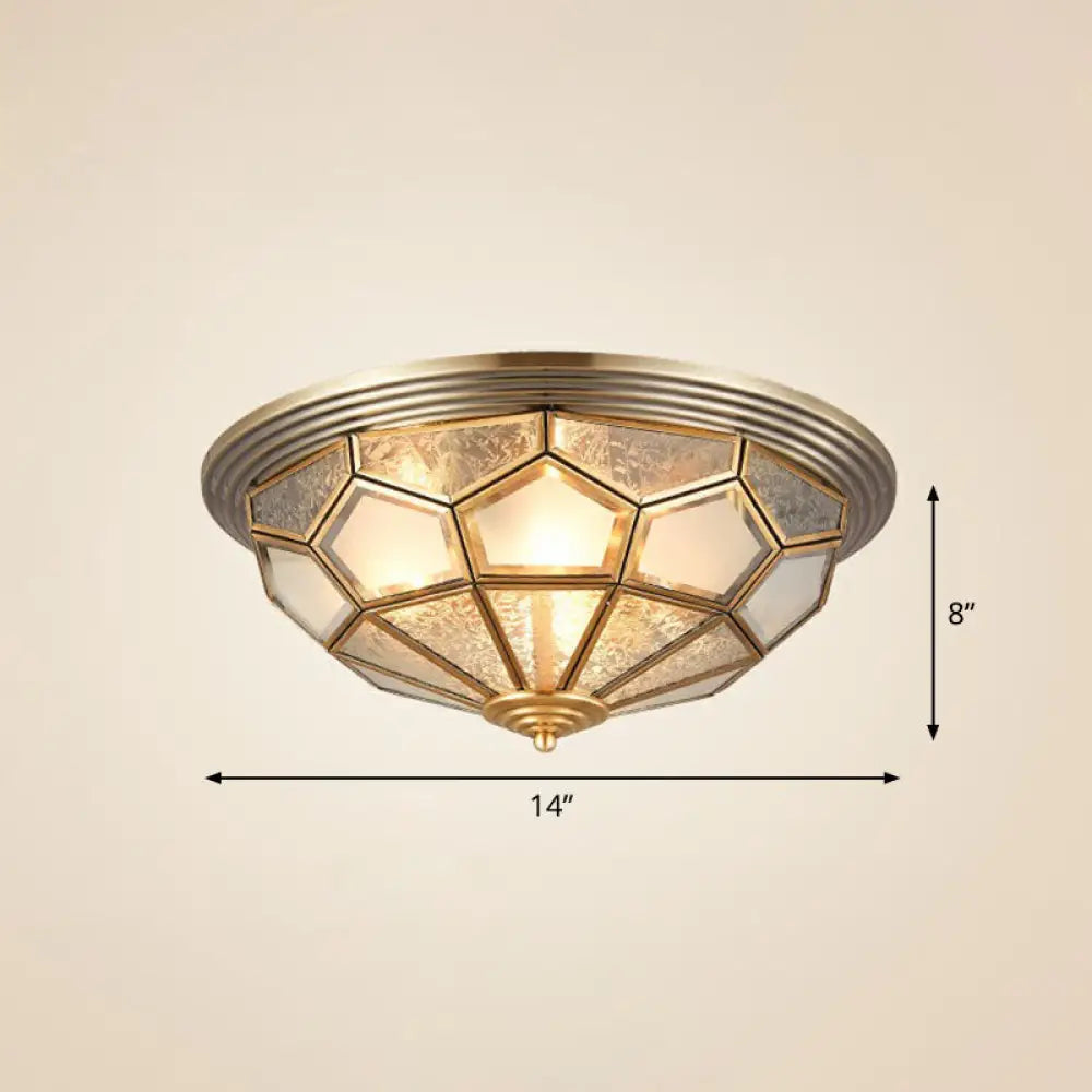 Colonial Style Dome Aisle Ceiling Light - Brass Flush Mount Lamp With Frosted Glass 3 /