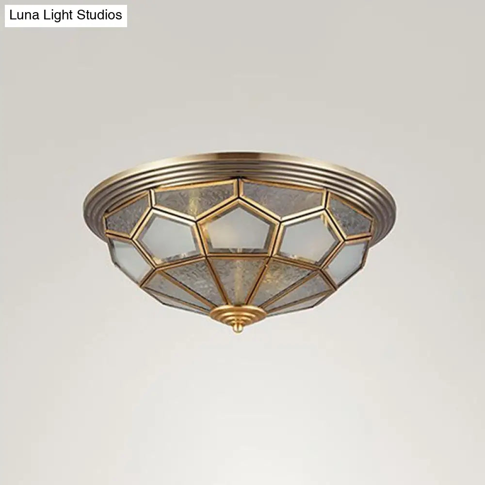 Colonial Style Dome Aisle Ceiling Light - Brass Flush Mount Lamp With Frosted Glass