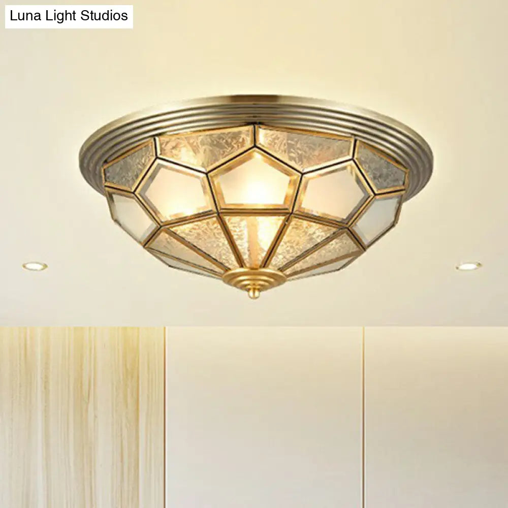 Colonial Style Dome Aisle Ceiling Light - Brass Flush Mount Lamp With Frosted Glass