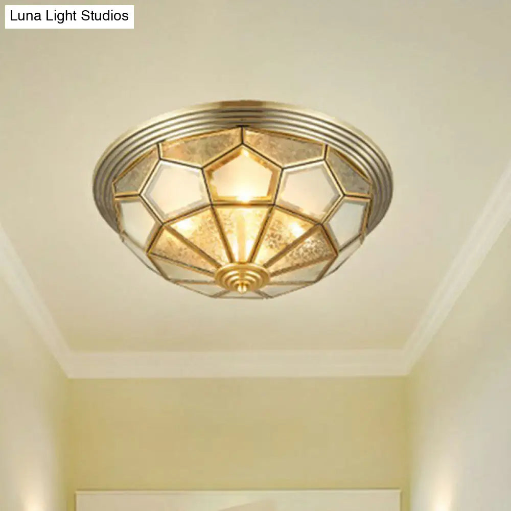 Colonial Style Dome Aisle Ceiling Light - Brass Flush Mount Lamp With Frosted Glass