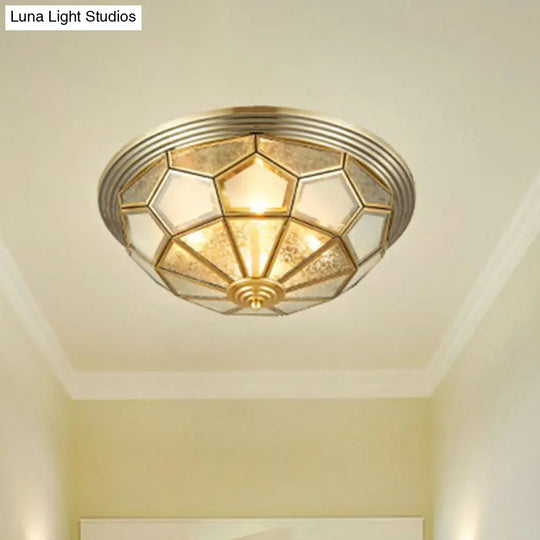 Colonial Style Dome Aisle Ceiling Light - Brass Flush Mount Lamp With Frosted Glass