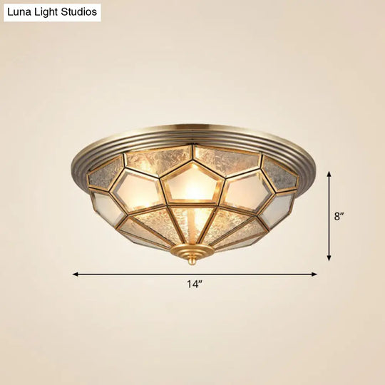 Colonial Style Dome Aisle Ceiling Light - Brass Flush Mount Lamp With Frosted Glass 3 /