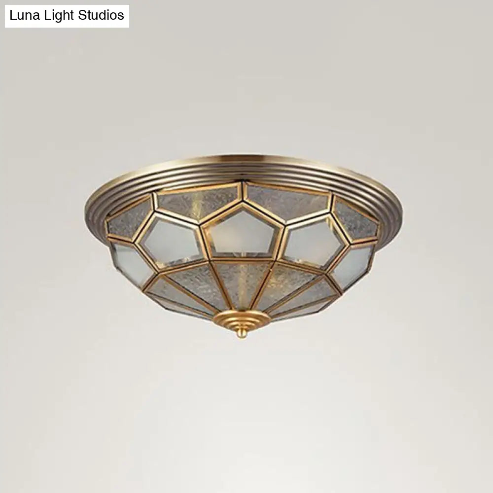 Colonial Style Dome Aisle Ceiling Light - Brass Flush Mount Lamp With Frosted Glass