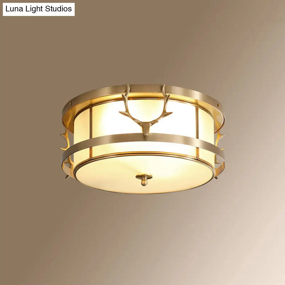 Colonial Style Gold Finish 4-Light Ceiling Flush Mount With Frosted Glass Bowl Shape / Antler