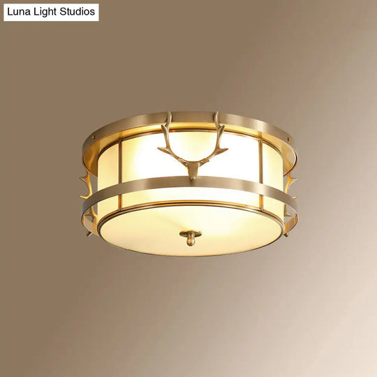 Colonial Style Gold Finish 4-Light Ceiling Flush Mount With Frosted Glass Bowl Shape / Antler