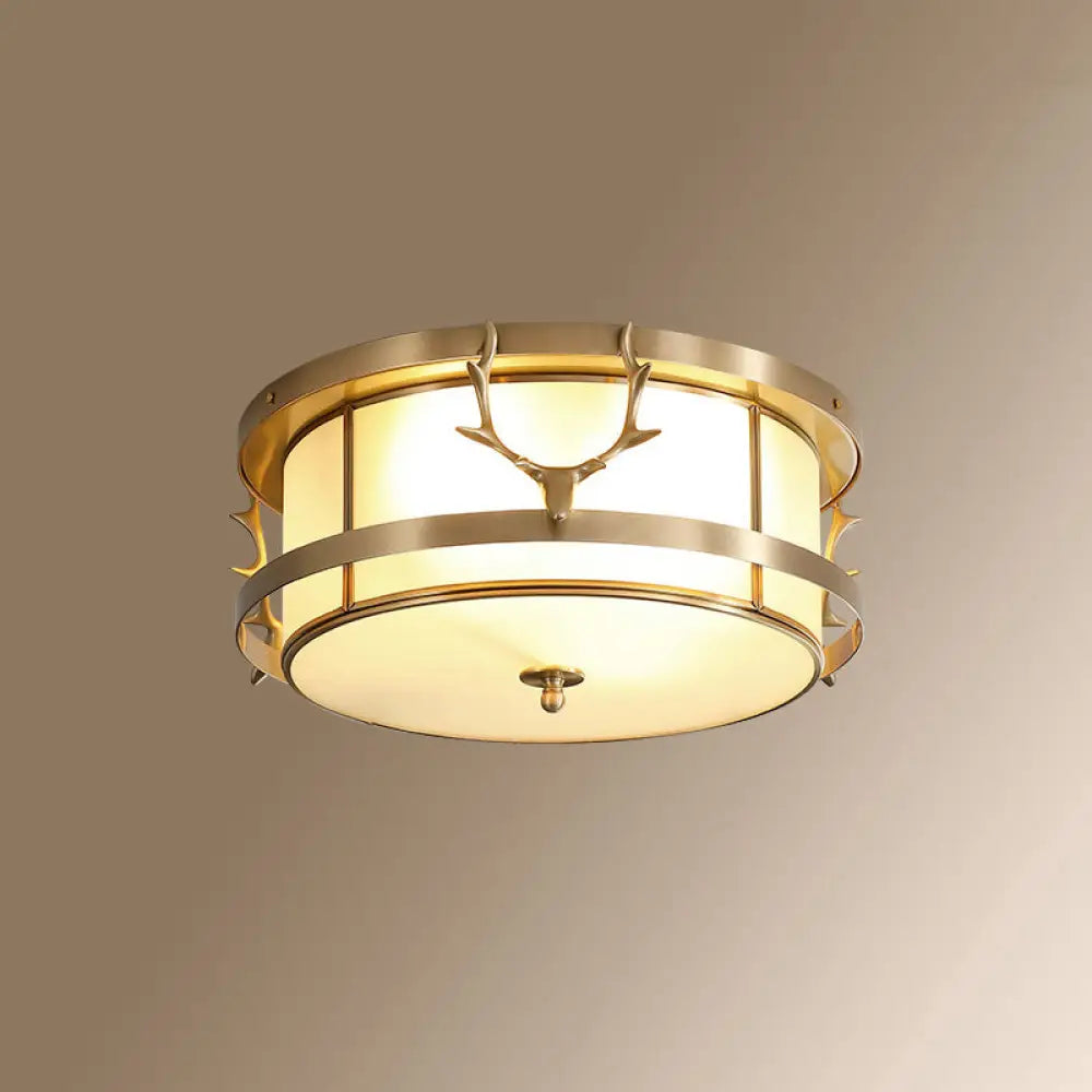 Colonial Style Gold Finish 4 - Light Ceiling Flush Mount With Frosted Glass Bowl Shape / Antler