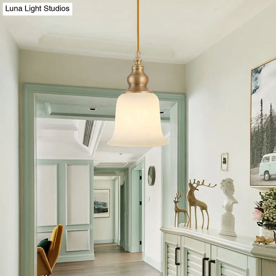 Colonial Style Gold Pendant Light With Satin Opal Glass Shade For Hallway