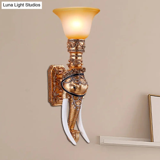 Colonial Style Golden Elephant Sconce Lamp With Amber Glass Shade - Corridor Wall Lighting