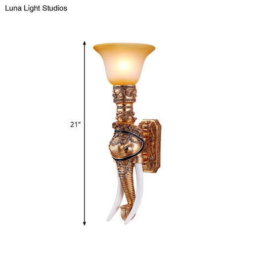 Colonial Style Golden Elephant Sconce Lamp With Amber Glass Shade - Corridor Wall Lighting