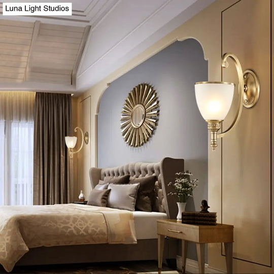 Colonial Style Metal Curved Wall Sconce With Opal Glass Shade - 1/2-Light Bedroom Gold Lighting