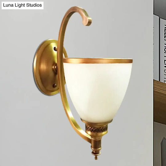 Colonial Style Metal Curved Wall Sconce With Opal Glass Shade - 1/2-Light Bedroom Gold Lighting