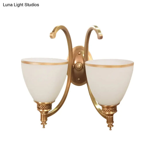 Colonial Style Metal Curved Wall Sconce With Opal Glass Shade - 1/2-Light Bedroom Gold Lighting